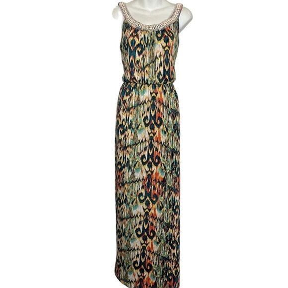 AB Studio Women's Sleeveless Stretch Jersey Knit Maxi Long Beaded Dress sz M - Picture 1 of 16